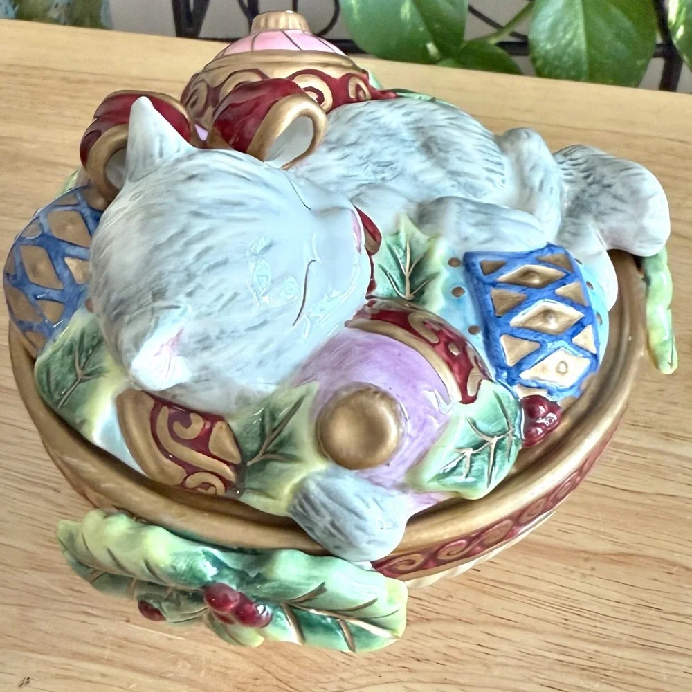 Fitz and Floyd Kristmas Kitty Lidded Box Candy Dish Trinket Jar Holiday Decor